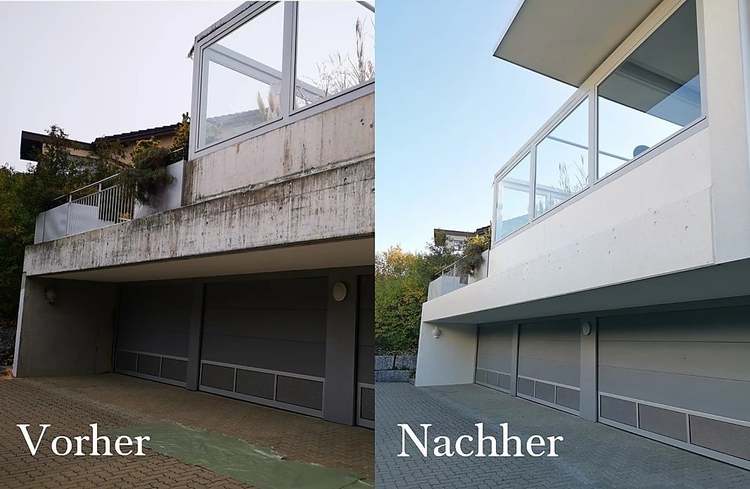 Vorher und nachher: Fassade über den Garagen